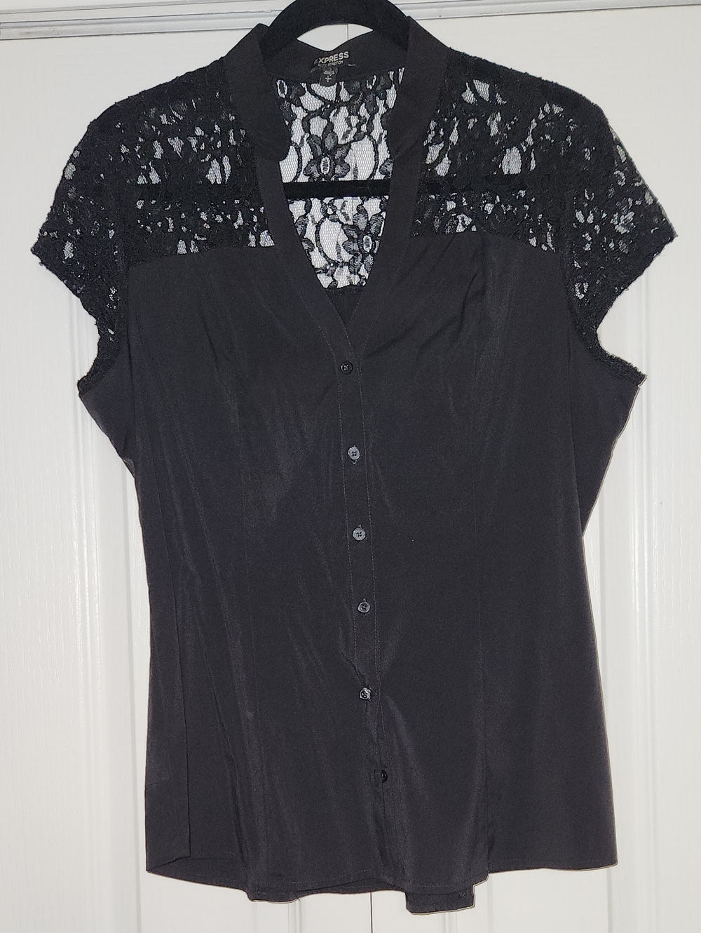 Express Black Lace-Yoke Cap Sleeve Button Front Blouse